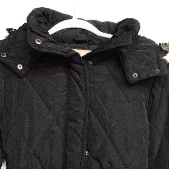 Jeane blush Womens Quilted Black Hooded Coat With Faux Fur Trim & Belted Waist S - Picture 2 of 8